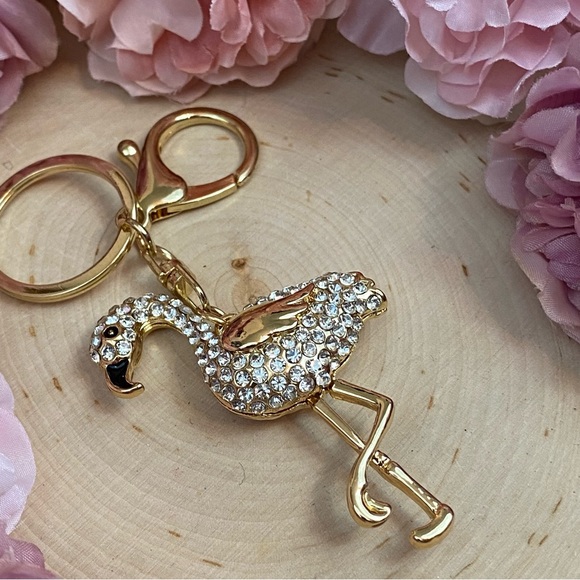 Whimsical Gold & Silver Crystal Flamingo Keychain Charm - Picture 8 of 14